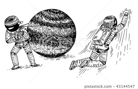 Astronaut soaring or flying on rocket. Spaceman pulls the planet Jupiter. astronomical galaxy space Astronaut soaring or flying on rocket. Spaceman pulls the planet Jupiter. astronomical galaxy space 43144547