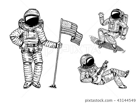 Astronaut soaring with the USA flag. Dancing spaceman with skateboard and guitar. adventure in the Astronaut soaring with the USA flag. Dancing spaceman with skateboard and guitar. adventure in the 43144549