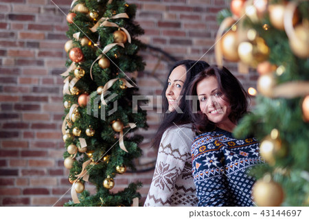 Two young happy women posing near Christmas decorations 43144697