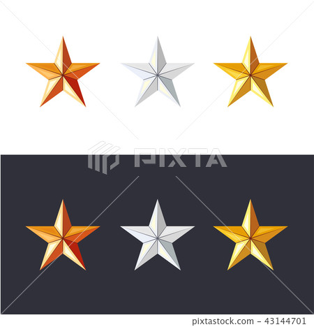 Golden, silver and bronze stars set. Game achievements and awards. 3d style vector. Rank icons. Golden, silver and bronze stars set. Game achievements and awards. 3d style vector. Rank icons. 43144701