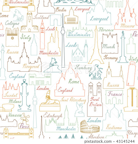 Travel world landmarks tile pattern. Travel icons 43145244