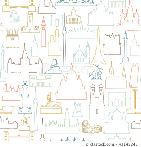 Travel world landmarks tile pattern. Travel icons 43145245