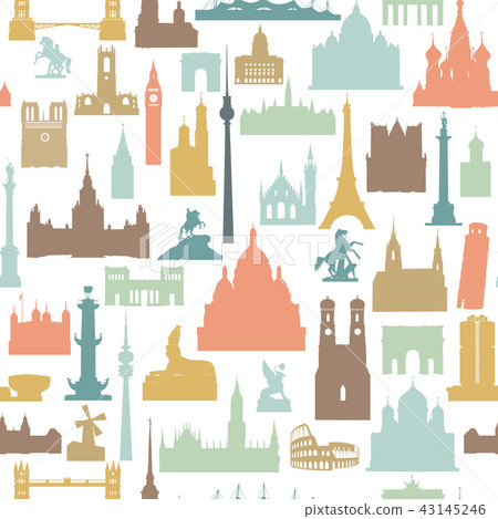 Travel world landmarks tile pattern. Travel icons 43145246