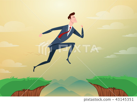 Businessman jump through the gap obstacles between hill to success. Running and jump over cliffs Businessman jump through the gap obstacles between hill to success. Running and jump over cliffs 43145351