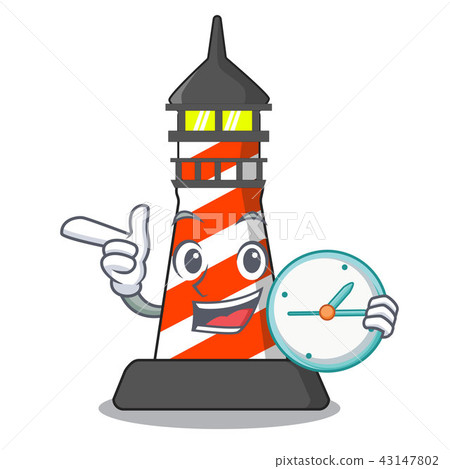 With clock cartoon realistic red lighthouse building 43147802