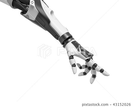 3d rendering of a robotic arm with fingers half-curled and the index finger pointing out. 3d rendering of a robotic arm with fingers half-curled and the index finger pointing out. 43152026