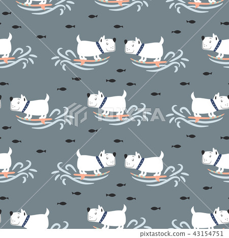 Pattern with cute surf puppies blue sea background. Pattern with cute surf puppies blue sea background. 43154751