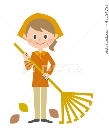 Middle-aged female sweeping rake - Stock Illustration [43154753] - PIXTA