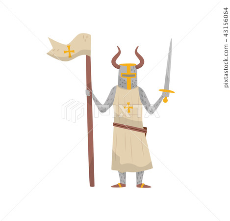 Medieval Templar armored knight warrior character with flag and sword vector Illustration on a white 43156064