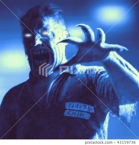 Mad dead zombie in straitjacket. 43159736