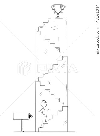 Cartoon of Man or Businessman Walking Up the Stairs for Winner\'s Trophy