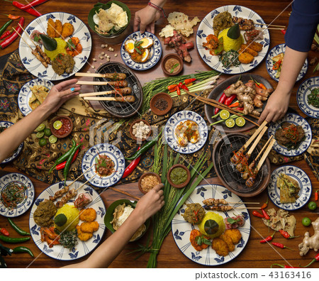 Served table top view, dinner. People eat food  43163416