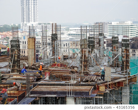 Construction workers fabricating timber form work. 43165356