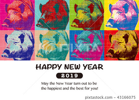 2019年新年賀卡“波普藝術風格”新年快樂，英文註釋 43166075