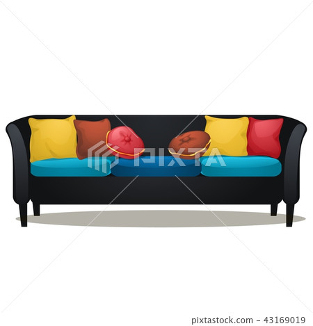 Black sofa with colored soft pillows isolated on white background. Vector cartoon close-up Black sofa with colored soft pillows isolated on white background. Vector cartoon close-up 43169019