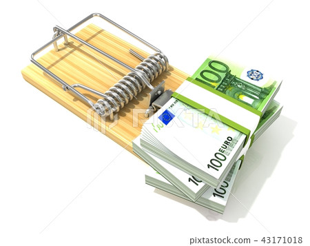 Stack of hundreds euros in wooden mousetrap 3D Stack of hundreds euros in wooden mousetrap 3D 43171018