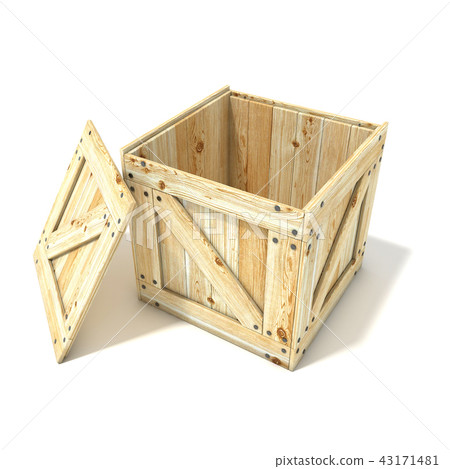 Opened wooden crate. Side view. 3D 43171481