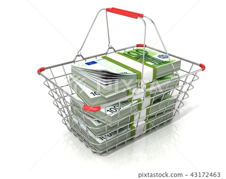 Steel wire shopping basket full of euros stacks Steel wire shopping basket full of euros stacks 43172463