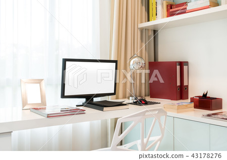 Computer display and office tools on desk in home Computer display and office tools on desk in home 43178276