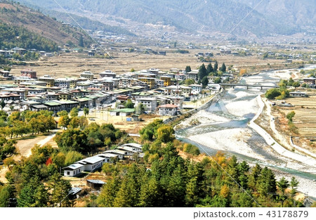 Aerial view of Thimphu City with Bhutanese house Aerial view of Thimphu City with Bhutanese house 43178879