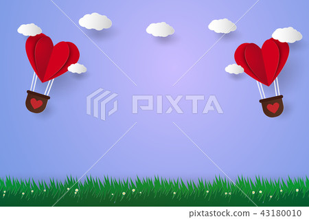 Hot air balloons in a heart shape flying over gras - Stock Illustration ...