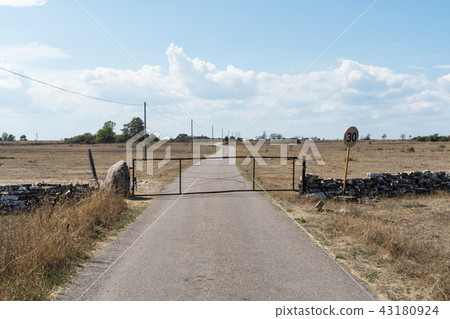 Gate by a country road in a dry grassland Gate by a country road in a dry grassland 43180924