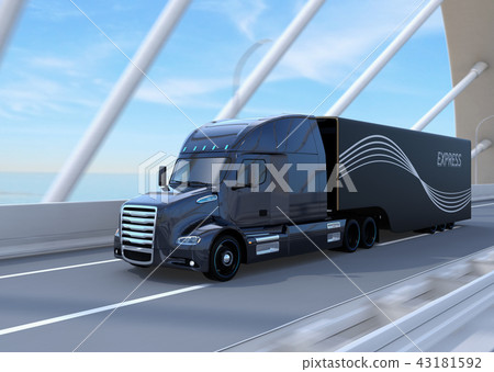 Image of black fuel cell truck running on road bridge 43181592