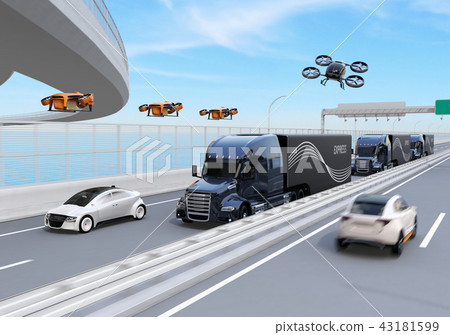 Image of a fuel cell truck, a delivery drones and a flying car flying on a highway. Logistics concept 43181599