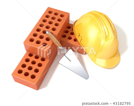 Safety helmet with perforated bricks and trowel 3D Safety helmet with perforated bricks and trowel 3D 43182795