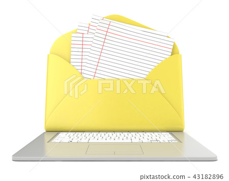 Open envelope and blank lined paper on laptop 3D Open envelope and blank lined paper on laptop 3D 43182896