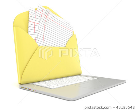 Open envelope blank paper on laptop Side view 3D 43183548