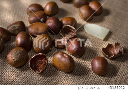 fresh chestnuts with sack bag background fresh chestnuts with sack bag background 43185012