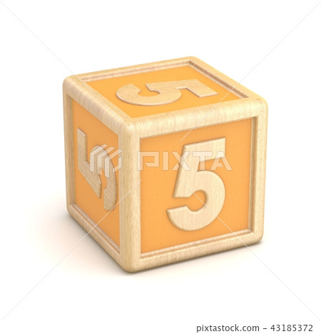 Number 5 FIVE wooden blocks font rotated. 3D 43185372