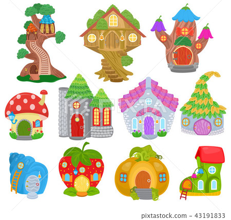 Fantasy house vector cartoon fairy treehouse and magic housing village illustration set of kids 43191833