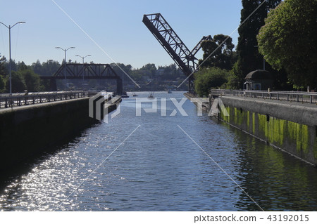 Seattle landscape Movable bridge seen from Ballard Rocks 43192015
