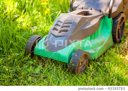 Lawn mower cutting green grass in backyard 43193783