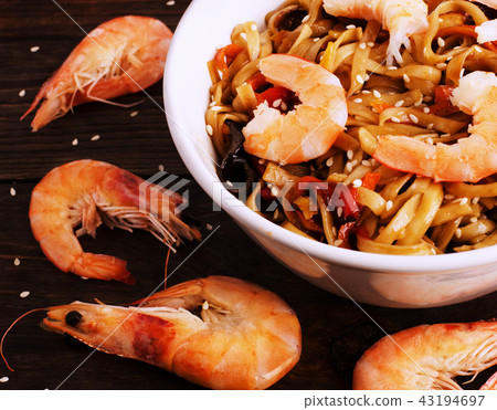 Chinese noodles with shrimp in soy sauce  Chinese noodles with shrimp in soy sauce  43194697
