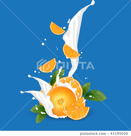 Juice milk yogurt orange slices splashing. Juice milk yogurt orange slices splashing. 43195030