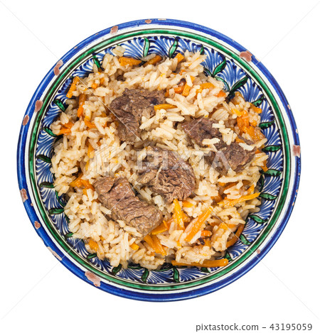 top view of plov in traditional ceramic bowl 43195059