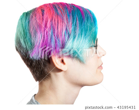 woman with glasses and multi colored dyed hairs 43195431