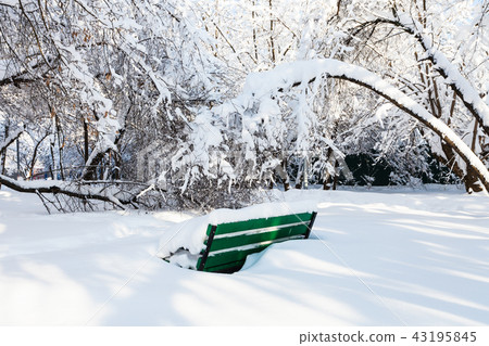 snow-covered bench in snowy urban garden in winter snow-covered bench in snowy urban garden in winter 43195845