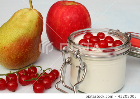 Yogurt apple pear red currants healthy breakfast 43205003