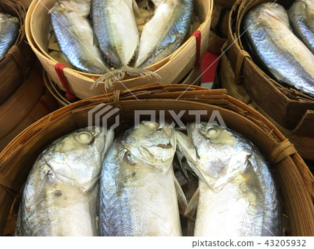 Mackerel fish in bamboo basket at market, Thailand Mackerel fish in bamboo basket at market, Thailand 43205932
