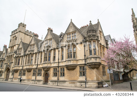 British Oxford stone historic building and pink plum British Oxford stone historic building and pink plum 43208344