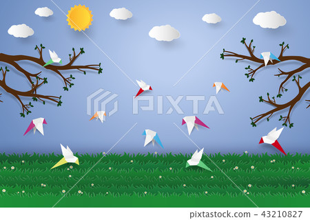 Flock of birds flying , paper art style 43210827