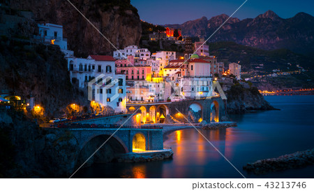 Night view of Amalfi on coast line of mediterranean sea, Italy 43213746