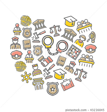 Vector crime, law, police and justice thin line icons in heart shape design concept. Illustration 43216845