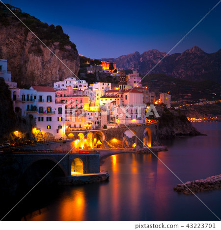 Night view of Amalfi on coast line of mediterranean sea, Italy Night view of Amalfi on coast line of mediterranean sea, Italy 43223701