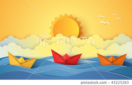Summer time , sea with origami boat and sun 43225263