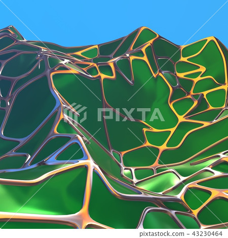 Abstract 3d rendering of chaotic green landscape structure with golden frame. Futuristic shape in Abstract 3d rendering of chaotic green landscape structure with golden frame. Futuristic shape in 43230464